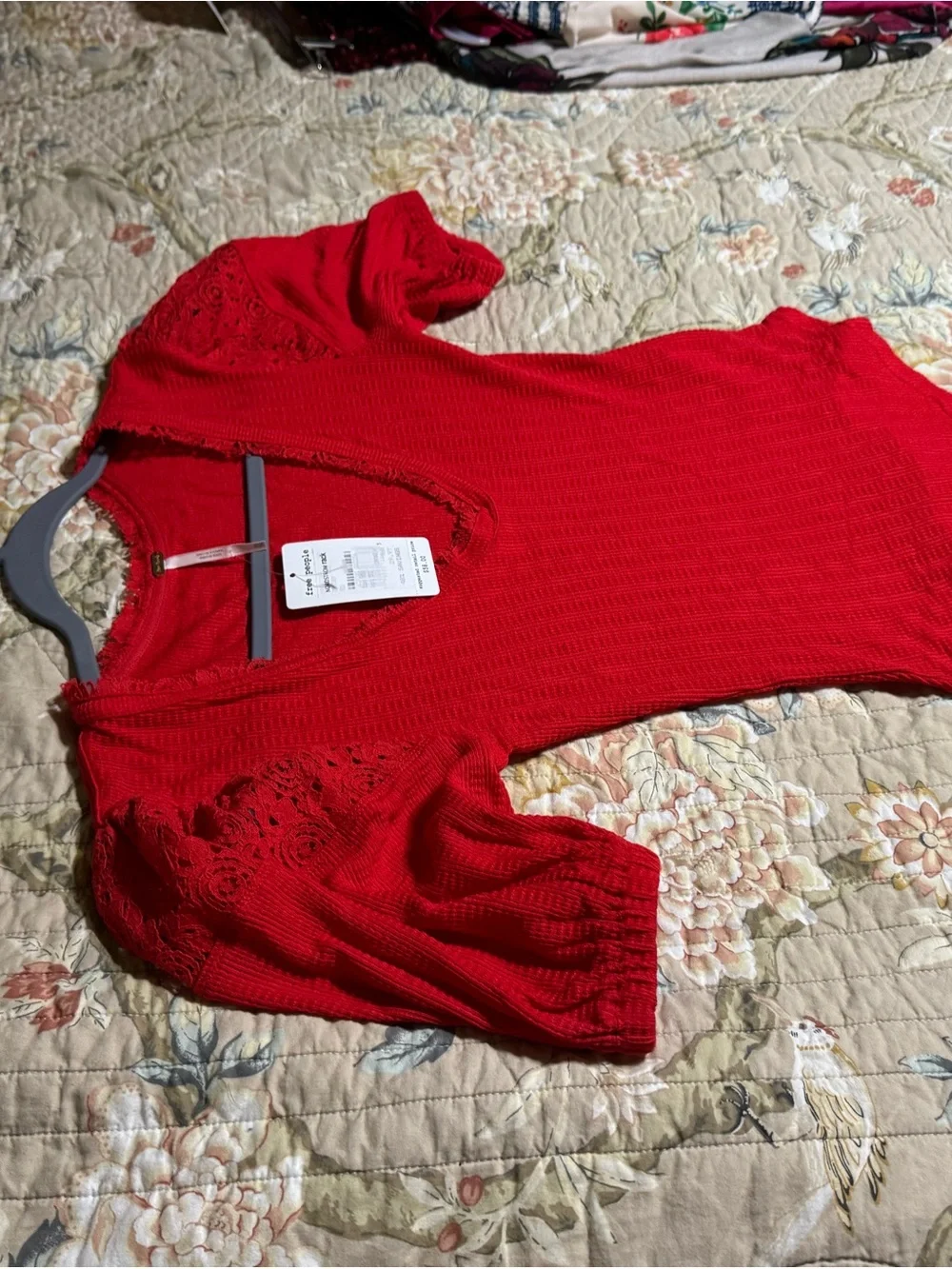 Free People Red Ribbed Lace-Sleeve Short Sleeve Tee